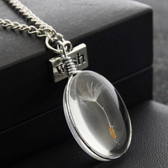 SILVER DANDELION NECKLACE WITH HANGING WISH CHARM - Picture 1 of 12